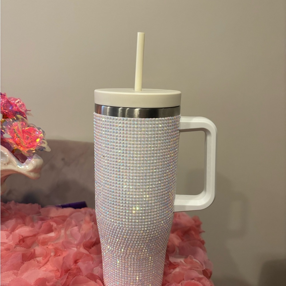 Elegant White Rhinestone Tumbler with Straw